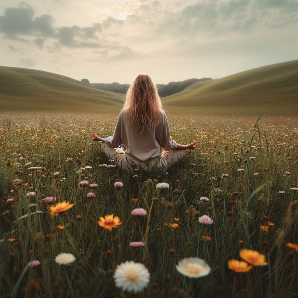 Woman in Flower Field meditating | Transcendental Meditation London | Meditation London